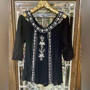 Krista Lee Black Embroidered and Beaded Top SZ M
